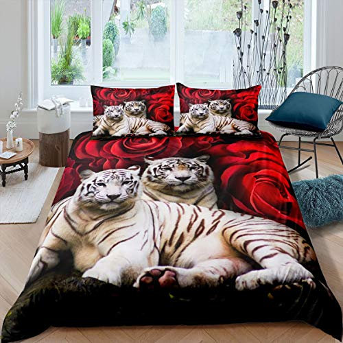 Tiger Bedding Set King Size,Red Rose Flower Comforter Cover For Boys Girls,African Safari Animals Duvet Cover,Big Cat Wild Animal Skin Quilt Cover,Romantic Garden Floral Bedroom Decor
