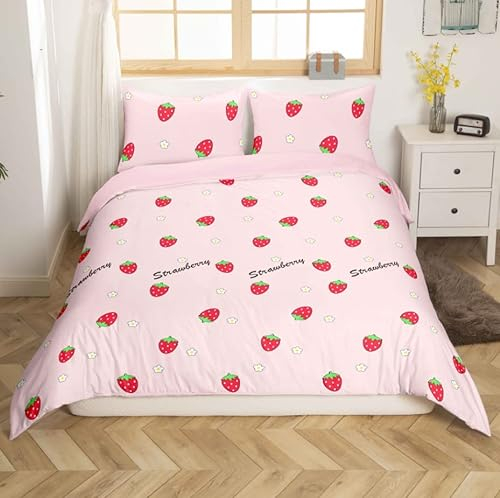 Loussiesd Erdbeere Bettwäsche Set Mädchen Kawaii Erdbeere Drucken Bettwäsche 135x200cm für Kinder Teens Rosa Streifen Bettbezug Atmungsaktiv Süße Frucht Bettbezug Zimmerdekor Reversibel
