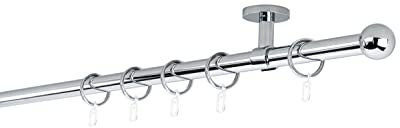 ondeco Gardinenstange auf Maß 20mm Ball 1-lauf Vorhangstange Deckenträger 4cm Stilgarnitur mit Ringen für Vorhänge 170cm Chrom