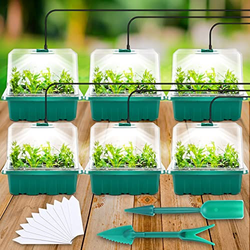 Yskea Seed Starter Tray, 6PCS Seed Starter Kit with Grow Light, Seedling Trays with Humidity Domes, Covers Height 3.9, Indoor Gardening Plant Germination Trays (12 Cells per Tray)
