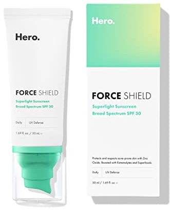 Force Shield Superlight Sunscreen SPF 30 from Hero Cosmetics - Everyday SPF 30 for Acne-Prone Skin with Zinc Oxide, Green Surge, and Extremolytes, Fragrance Free and Reef Safe (50 ml)