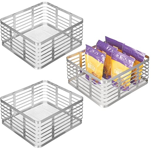 mDesign Wire Storage Basket — Wire Basket for Storing Diverse Items — Metal Basket for Kitchen, Bedroom, Bathroom — Set of 3 — Chrome