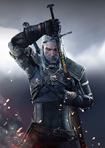 Displate Witcher 3 Metal Poster The Witcher Poster Witcher 3 Poster The Witcher Merchandise Magnet-Montage - Witcher 3 - Wild Hunt Characters - Geralt Sword - 32x45cm