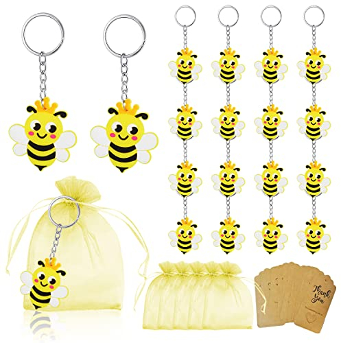 MEIYIFAN 24 Bienen-Schlüsselanhänger Gastgeschenke Taufe,Biene-Schlüsselanhänger + Organza Beutel + Kraftpapier Anhänger,Baby Shower Kommunion Kinderggeburtstag Party Mitgebsel
