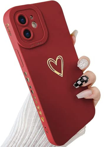 SmoBea Compatible with iphone 12 Mini Case, Cute Gold Heart Pattern Phone Case for Women Girls With Side Small Love Pattern Silicone Protective Shockproof Phone Case (Red)