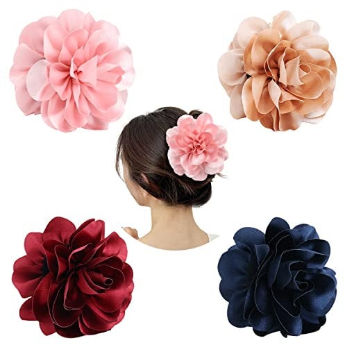 Cinaci 4 Pack Black Plastic Hair Claws with Big Large Satin Rose Flower Bow Clips Barrettes Clamps Hair Bun Chignon Updo Holders Accessories for Women Girls