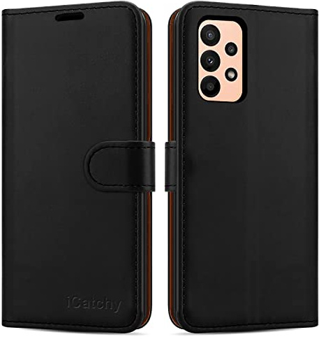 iCatchy for Samsung Galaxy A23 Case Leather Wallet Book Flip Folio Stand View Cover Pouch for Samsung Galaxy A23 5G (Black)