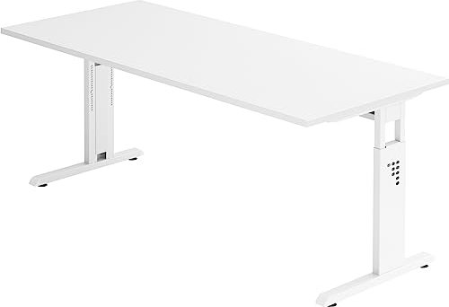 bümö höhenverstellbarer Schreibtisch O-Serie 180x80 cm in weiß, Gestell in weiß - großer PC Tisch für's Büro manuell höhenverstellbar, Computertisch verstellbar