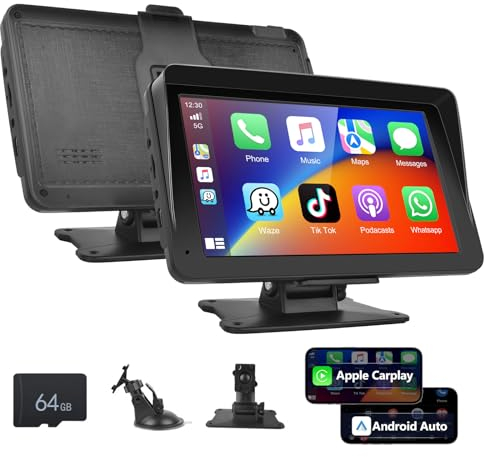 Autorradio Portátil A-pple Carplay, Podofo 7'' Carplay con Pantalla Táctil IPS Grande con Bluetooth,Android Auto,FM,AUX para Coches,SUV,Furgonetas,Camionetas y Camiones+Tarjeta TF de 64 GB