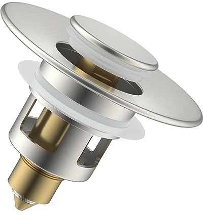 Hibbent Tapón de Lavabo Universal Pop Up, Desagüe Lavabo Click-Clack, Tapa de Lavabo para Cocina con Filtro Anti-Obstrucción,Anti Zumbido, Válvula de Desagüe para Cocina (25mm-46mm),Níquel Cepillado