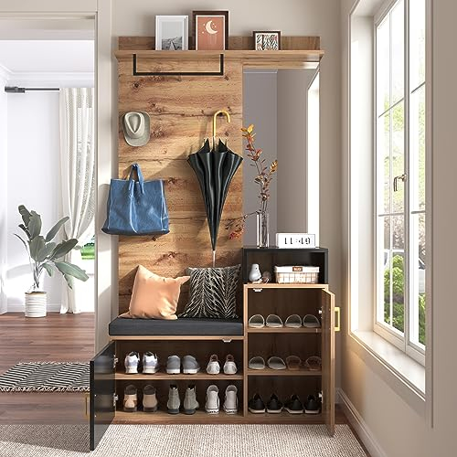 ZYLOYAL10 Ensemble de vestiaires, avec 4 patères, miroir, armoire à chaussures, porte-manteau mural, étagère supérieure, garde-robe, banc de couloir.