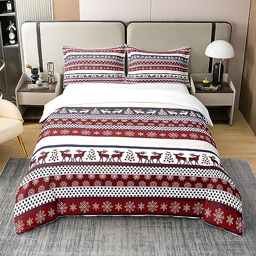 Xmas Deer 100% Cotton Duvet Cover Weihnachten Bettwäsche Set 220x240 Elk Antler Printed Tröster Cover Boho Hippie Striped Weiß Schneeflocke Bett Sets with 2 Kissenbezüge Bedraum Dekor