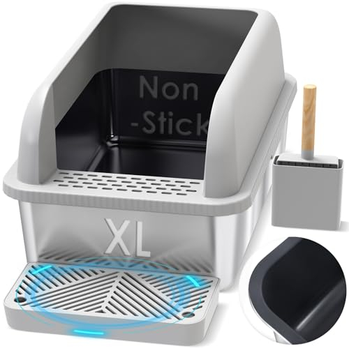 Suzzipaws Non-Sticky Coated Stainless Steel Cat Litter Box with Lid Extra Large Litter Box for Big Cats XL Metal Litter Pan Tray with High Wall Sides Enclosure, Anti-Leakage, Easy Cleaning