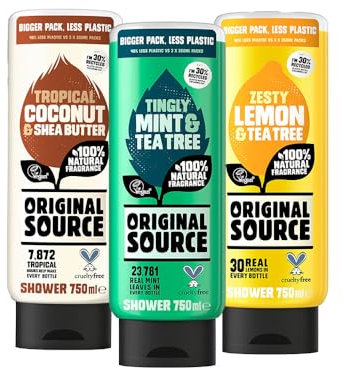 Original Source Lemon & Tea Tree, Coconut & Shea Butter, Mint & Tea Tree Shower Gel, 100% Natural Fragrance, Vegan, Cruelty Free, Paraben Free, Large Bottle, 3x750 ml