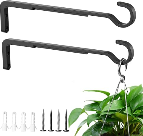 saffruff 25.4 cm (10 Inch) Hanging Basket Bracket: 2-Pack Heavy Duty Wall Plant Hangers for Garden Fence, Outdoor & Indoor, Black Metal Hooks for Lantern, Bird Feeder, Flower, Windchime