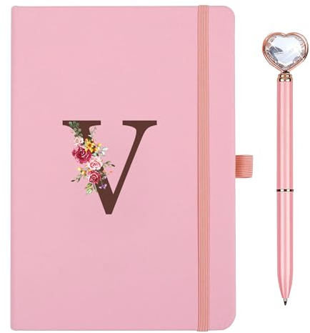 Taccuino Appunti di Viaggio in Pelle PU con Penna Diamante Cuore Rosa Quaderno Scrittura A5 iniziale Diario quaderni per donne ragazza Compleanno Pasqua Festa Della Mamma Regalo per Amica Studenti(V)