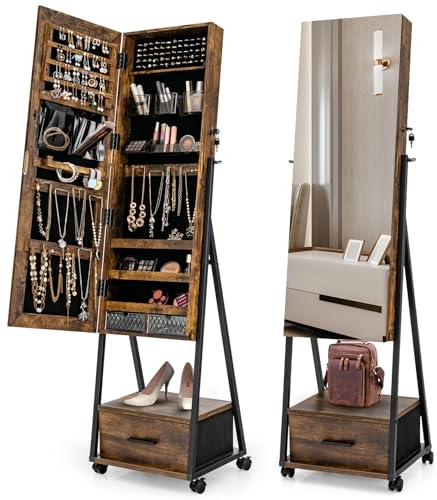 HOMASIS 2 in 1 Schmuckschrank mit Spiegel, drehbarer Schmuckregal mit Schublade aus Holz, abschließbarer Spiegelschrank mit Rollen, Garderobenspiegel mit Schmuckaufbewahrung (Braun)