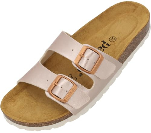 Palado Pantoletten Damen Milos Metallic – elegante Sandalen Made in Spain - bequeme Hausschuhe mit Kork-Fußbett - modische Sommerschuhe Rosegold UK8 - EU41
