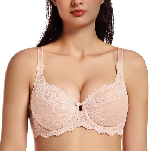 MELENECA Women's Plus Size Minimizer Bras Full Coverage Lace Unlined Underwire Bra Beige 48E