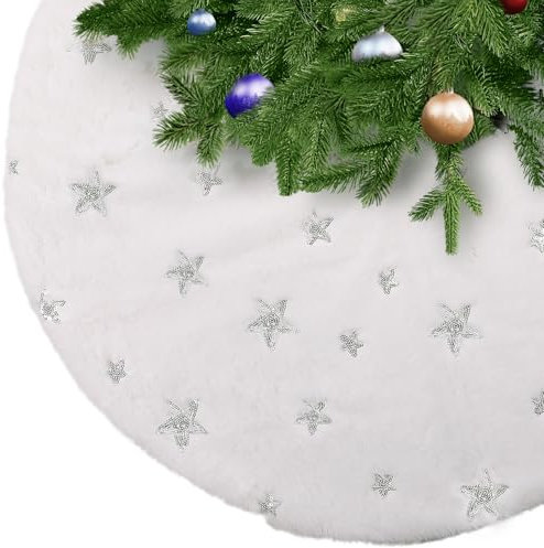 KONVINIT Weihnachtsbaumdecke Round Christbaumdecke Weiss Luxus Kunstfell Weihnachtsbaumrock mit Pailletten Stern Weihnachtsbaum Teppich Weihnachtsdekoration sehr Weich und warm,78cm/90cm/122cm
