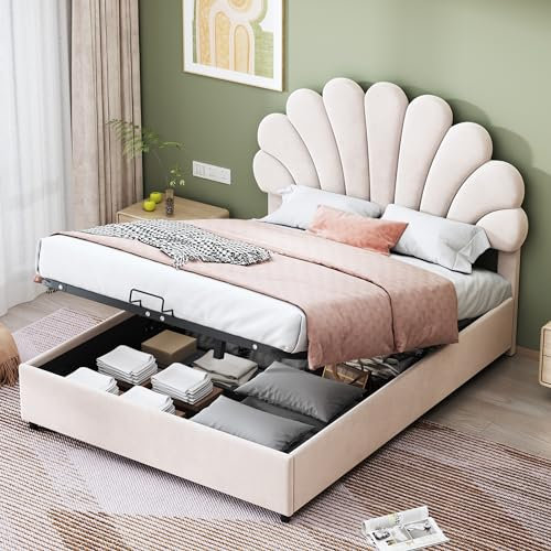 Azkoeesy Polsterbett mit Stauraum Bettkasten, 140 x 200 cm, Doppelbett Jugendbett mit geblümtemform Kopfteil, Lattenrost, Samt-Bezug, Beige