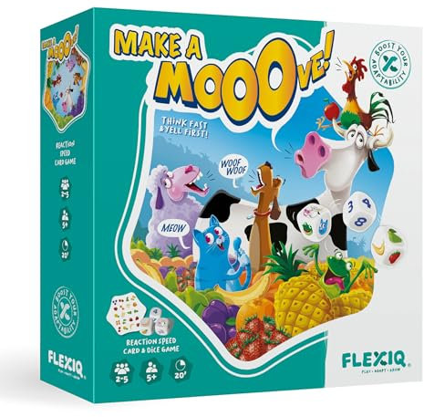 FlexiQ Make a Mooove Kinderspiel | Gesellschaftsspiele ab 5 Jahre für die ganze Familie | Mitbringspiel | Gemeinschaftsspiele für 2-5 Personen | Karten- und Würfelspiel | 20 Minuten Spieldauer