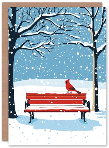Artery8 Red Cardinal Park Bench Snow Winter Scene Blank For Him Or Her Art Xmas Festive Christmas Card