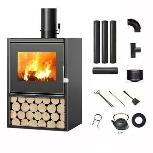 MINGYIHUI Multi Wood & Fuel Fireplace,Freestanding Cast Iron Wood Burner Stove Heater,Equipped With Requirements Flue Pipe(Chimney), Tea Kettle,chimney Cap,Pieces Fireplace Tool Set 3