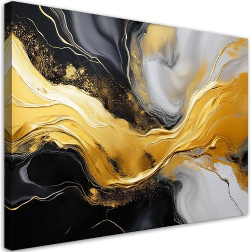 Feeby Leinwandbild - Bilder Wohnzimmer - Abstrakte Marmor Schwarz Gold - 90x60 cm 1tlg - Deko Schlafzimmer - Wanddekoration - Aesthetic - Groß Moderne Bild - Foto auf Leinwand