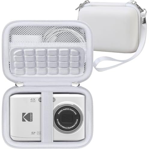 RAIALL Digital Camera Case for Kodak PIXPRO FZ55/FZ53/FZ45/FZ43/C1 Camera, Point and Shoot Vlogging Camera Hard Travel Bag, Mesh Pocket for Charging Adapter, USB Cable, SD Card and Batteries, White
