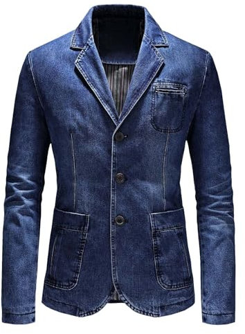 Giacca di Jeans da Uomo, Giubbino Uomo Primavera, Risvolto Manica Lunga Giacca di Costume Classico Denim Cotone Loose Tuta Affari Blazer Giacca con Tasche Giacca in Jeans