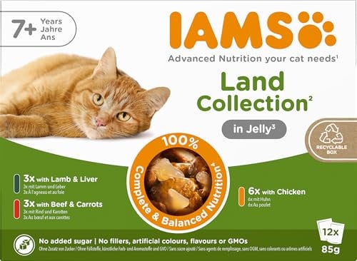 IAMS Delights Land Collection Senior Katzenfutter Nass - Multipack mit Fleisch Sorten (Huhn, Lamm & Rind) in Gelee, Nassfutter für ältere Katzen ab 7 Jahre, 12 x 85g