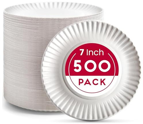 500 Disposable Paper Plates 7 Inch - 18 cm White Heavy-Duty Paper Party Plates Bulk – Grease-Resistant, Microwave Safe - Ideal for BBQs, Events, Daily Use, Birthday, Picnic, Parties, Christmas
