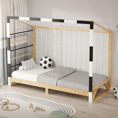 ML-Design Kinderbett Fußballtor 90x200 cm, Holzbett mit Lattenrost und Tornetz, Jugendbett aus Kiefernholz, Einzelbett für Kinder, Bettgestell mit Holzrahmen, Handballtor, Fußballbett-Tor