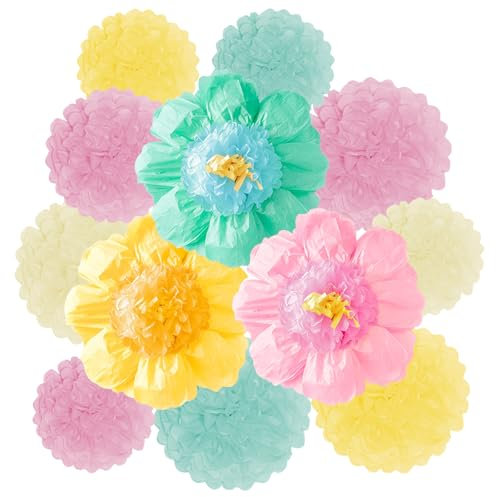 KASESSS 12 Pièces Vert Rose Pompons Papier de Soie, Deco Anniversaire Fleurs en Papier, Suspension Boule de Fleur en Papier, Decoration Mariage Set pour Anniversaire Fiesta Plafond Filles et Garçons