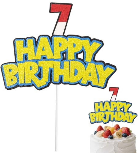 Cartoon-Geburtstagskuchenaufsatz, Glitzernde Rot-Weiße Zahl und Happy Birthday Schild Kuchendekoration Anime-Mottoparty Dekorationszubehör (Nummer 7)