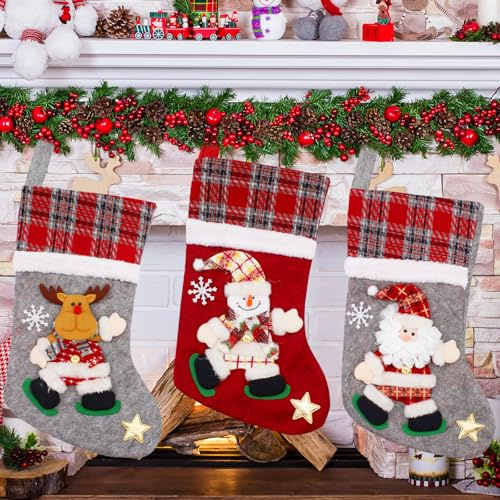 3er Set Weihnachtsstrümpfe 46cm Groß Nikolausstrumpf mit Alter Mann Elch Schneemann Motiven, Nikolausstiefel zum Befüllen, Plüsch Befüllbar für Kamin & Weihnachtsbaum, Geschenk Socken Deko