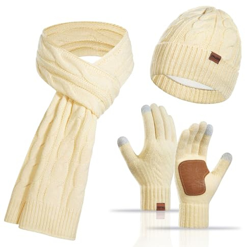VEGCOO Mütze + Schal + Handschuh-Sets für Damen, Damen Winter Warm Mütze Lang Schal und Touchscreen Handschuhe Set mit Fleece Gefütterte (Aprikose)