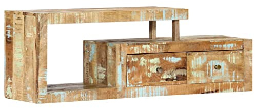 HETFTJN TV-Schrank 120x30x40 cm Massiv Altholz Lowboard Fernsehtisch Sideboard mit 2 Schubladen & 1 Fach, gealtertes Mischholz, Vintage-Design, wohnfertig für Wohnzimmer Schlafzimmer