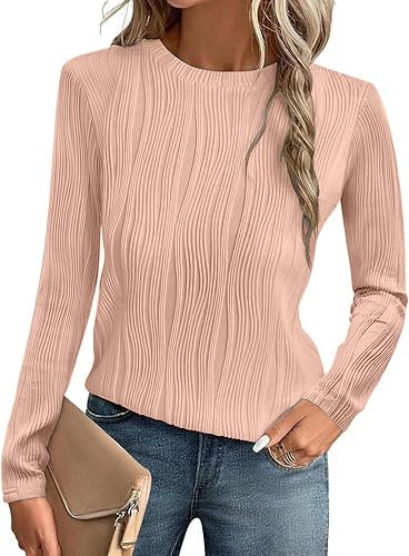 OOHOKAY Women's Long Sleeve Round Neck Textured Casual Blouse Solid Basic T-Shirt Pink-p3 M