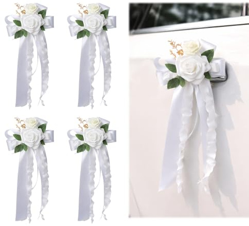 4Pcs Wedding Car Door Handle Flowers Car Decorations, Wedding Car Ribbon Decorations, Car Bow with Floral Accents, Elegant Car Ribbon for Wedding Celebrations for Rearview Mirrors and Door Handles