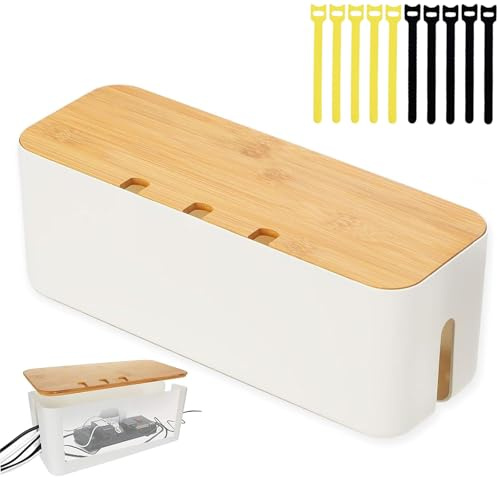 Kabelbox, 32.5 x 13.5 x 12 cm Kabelmanagement Box Kabel Organizer Box mit Holzdecke Aufbewahrungsbox mit zehn Kabelaufbewahrungsgurten zum Verstecken Unordentlicher Kabel