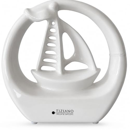 Tiziano® Deko Boot Casali im Ring LED 14cm Creme-weiß - Keramik dekoratives Wohnaccessoire - Deutsches Familienunternehmen