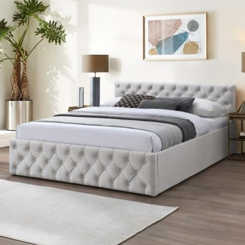 Home Collective Polsterbett Doppelbett Bett 140x200 160x200 Bettgestell mit Lattenrost Stauraum weicher Velours Bezug | gepolstertes Kopfteil, Robustes Gestell, hoher Liegekomfort | Beige 140x200