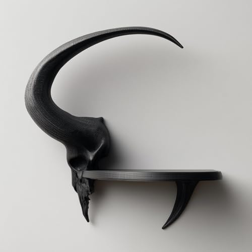 3D Printed Ram Skull Wall Shelf | Dark Fantasy Horned Floating Ledge | Gothic Room Decor Accent | Bedroom Gaming Setup | Home Entry Decor | Shelf Size: 11 inches (28 cm)