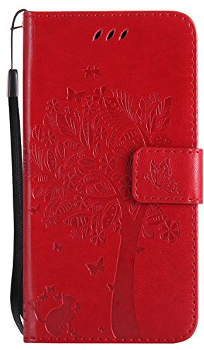 Coque Galaxy J3 2017/J330 [Avec Protecteur d'écran en Verre Trempé],Fatcatparadise(Série de chat et d'arbre) Rétro emboss Premium Flip Housse Coque Etui PU Cuir pour Samsung Galaxy J3 2017/J330(Rouge)