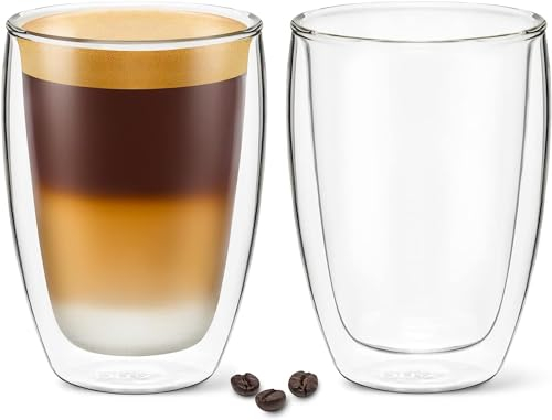 DLux Coffee Mugs, Double Wall Latte Cappuccino Iced Coffee Cup, Insulated Borosilicate Glassware Tea Cup, Hot& Cold Beverage, 2 pcs, 350 ml