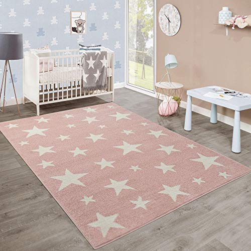Paco Home Kinderteppich, Moderner Kinderzimmer Teppich in Pastell Farben m.Stern Motiven, Grösse:160x220 cm, Farbe:Pink