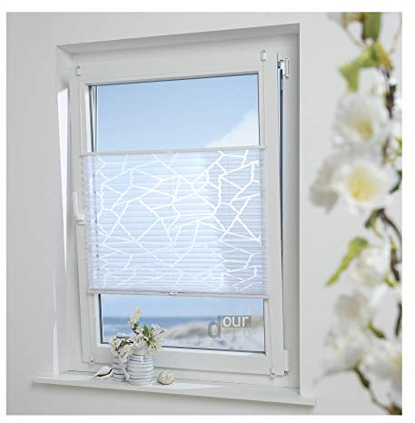 ourdeco® Plissee Ausbrenner / 45 x 130 cm (Breite x Höhe) / Farbe: weiß; lichtdurchlässig, Motiv Waitara-Grafik/Klemmen, Montage ohne zu Bohren, Klemmfix-Plissee, Easy-to-fix