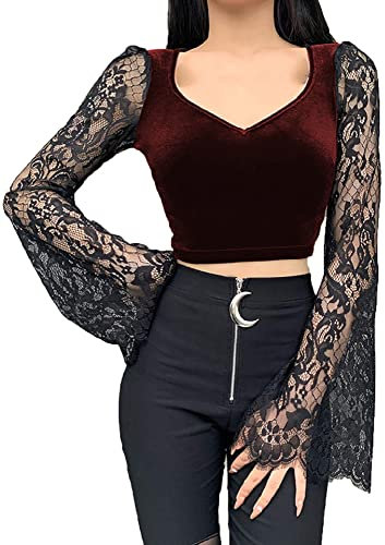 TSMNZMU Damen Gothic Samt Crop Tops Emo Alt Mall Goth Shirt Punk Harajuku Grunge T-Shirt V-Ausschnitt Spitze Langarm Shirt, Roter Gothic-Stil, Groß